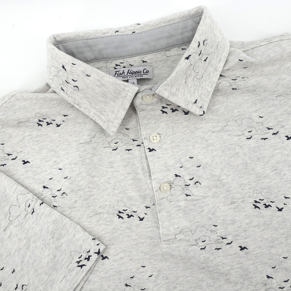Fish Hippie Co Polo Collection Shirt Gray Bird Cloud Print Mens‎ XL